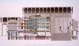 Coupe transversale du Théâtre Royal, Bruxelles, de Choix des Monuments, Édifices et Maisons les plus remarquables du Royaume des Pays-Bas par Pierre Jacques Goetghebuer, gravé par l